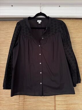 J. Crew Black Eyelet Sleeve Button-Front Shirt
